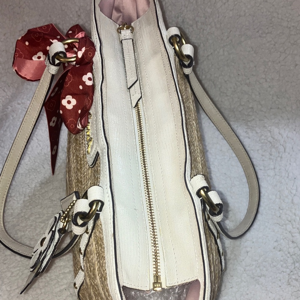 Coach Alexandra Straw python leather trimmed Tote… - image 11